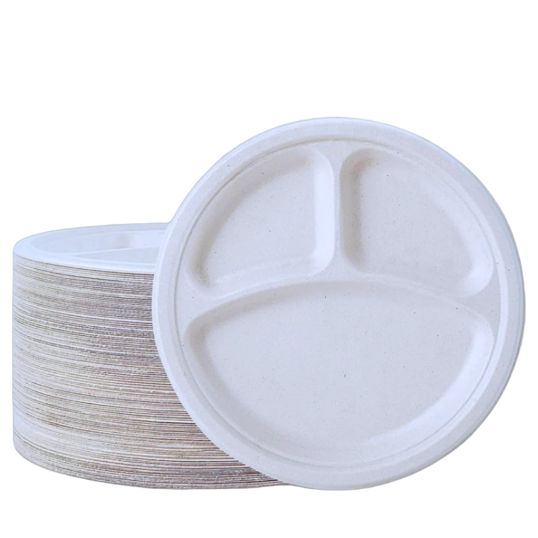 9" 3 Compartment Bagasse Round Plate