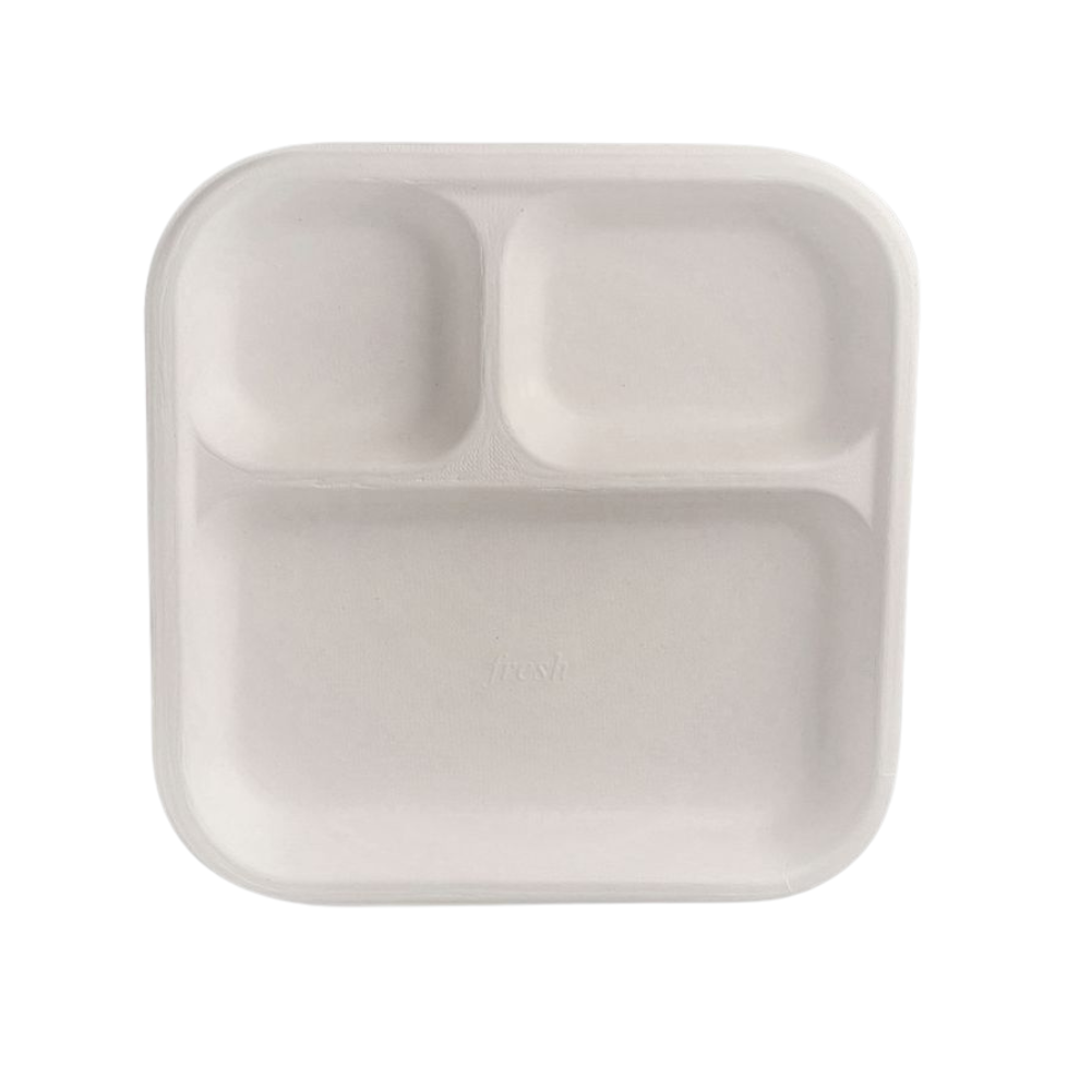 10" (25cm)  3 Compartment Square Bagasse Plate