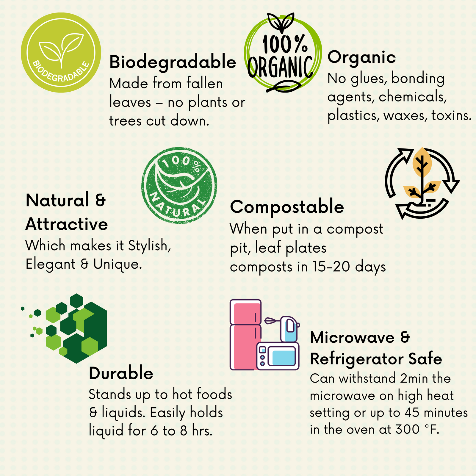 Biodegradable, Organic, Natural, attractive, compostable, durable, microwave, refrigerator safe