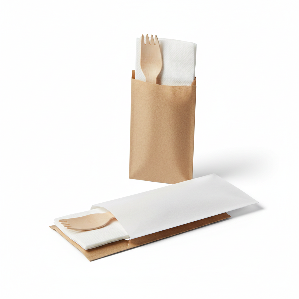 Paper Cutlery Pouches With 160mm Fork & Napkin